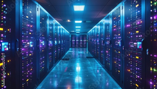 A row of computer servers with lights on them
