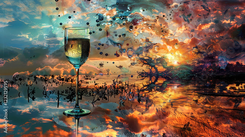 Champagne glass silhouette visualized with a surreal and dreamlike effect, highly detailed photo