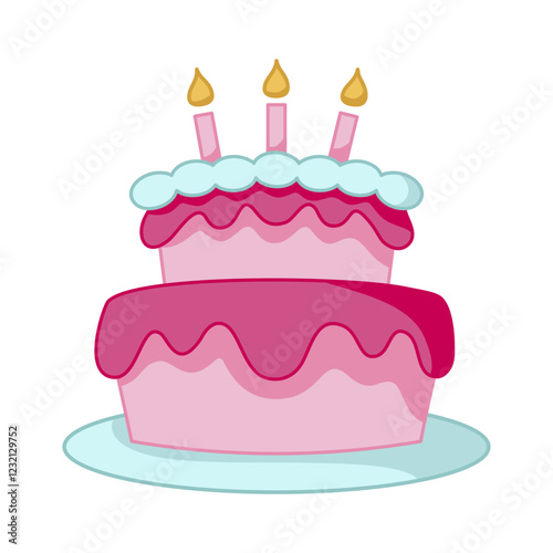 Pink Celebration Cake: A delightful two-tiered pink cake, adorned with fluffy frosting and three lit candles, sits invitingly on a plate, perfect for birthday celebrations and festive occasions. 