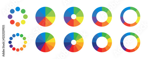 Color wheel palette. RGB and CMYK colors. Different color set. Rainbow spectrum in circular palette
