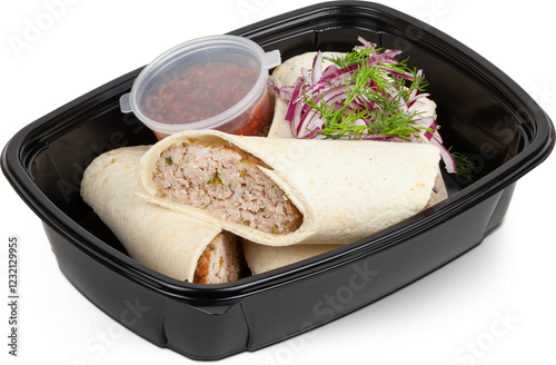 Beef lula kebab wrapped in pita bread in a black plastic lunchbox photo on a white background photo