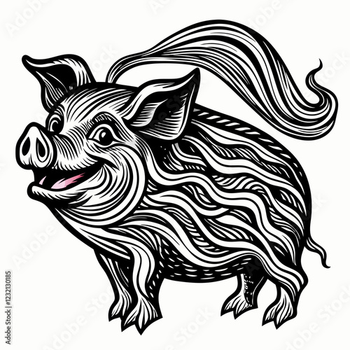 Whimsical Black and White Pig With Flowing Tail   Vintage Illustration