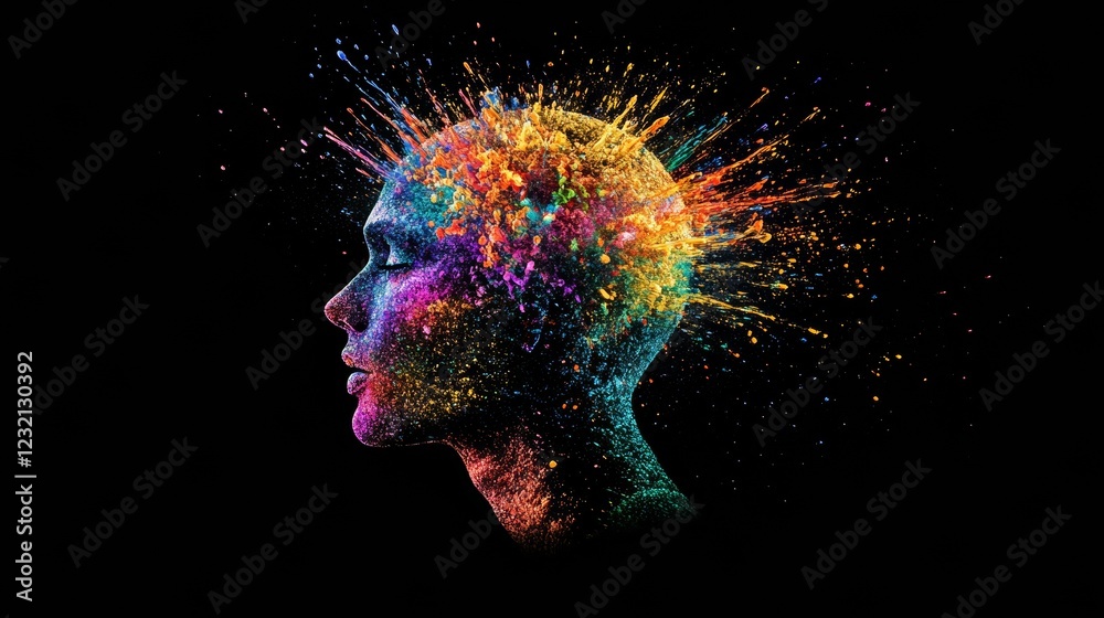 Obraz premium Human head exploding with colorful particles on black background