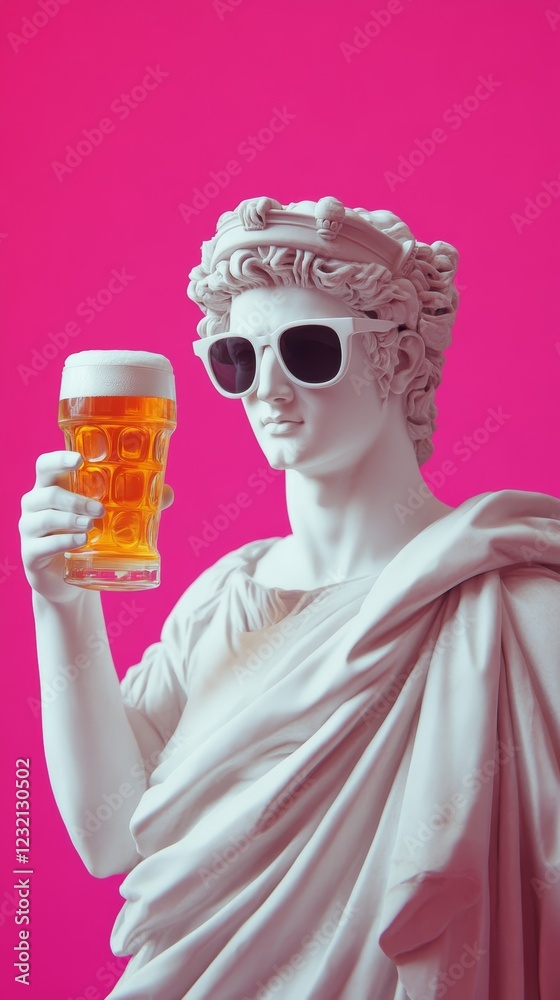 White plaster statue wearing sunglasses and holding glass of beer on pink background