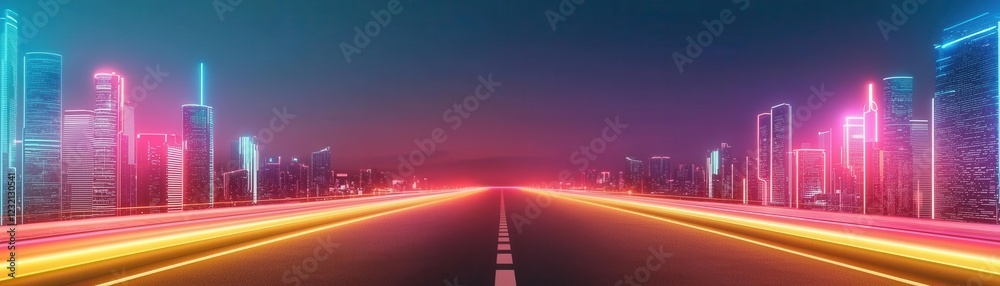 Obraz premium A vibrant city road illuminated by neon lights at night.