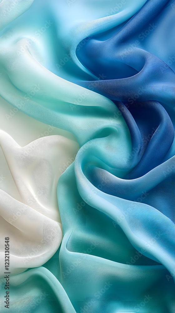 Obraz premium Serene Blue Gradient Silk: Luxurious silk fabric in a captivating ombre gradient, transitioning smoothly from creamy white to deep ocean blue, creating a calming and elegant visual texture.
