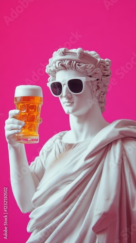 Obraz na płótnie White plaster statue wearing sunglasses and holding glass of beer on pink background w salonie