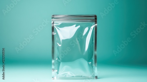 The image features a transparent, resealable bag against a turquoise background, showcasing its glossy surface and modern design ideal for packaging and branding. photo