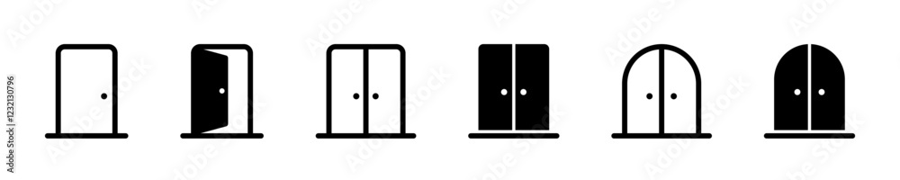 Door icons. Exit aand entrance symbols. Doorway vector illustration. Flat door icons set Door icons. Exit aand entrance symbols. Doorway vector illustration. Flat door icons set