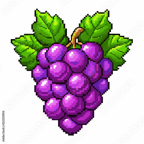 Vibrant Pixel Art Bunch of Grapes with Lush Green Leaves