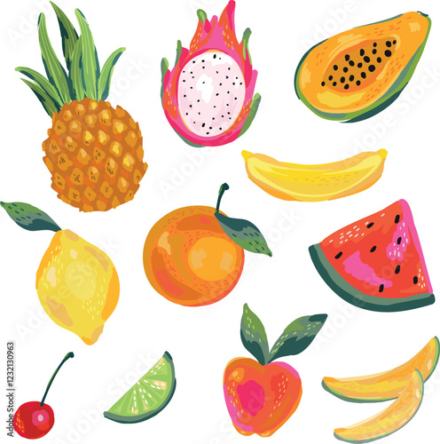 Set of vector elements features a colorful assortment of tropical and citrus fruits, fresh and playful design elements