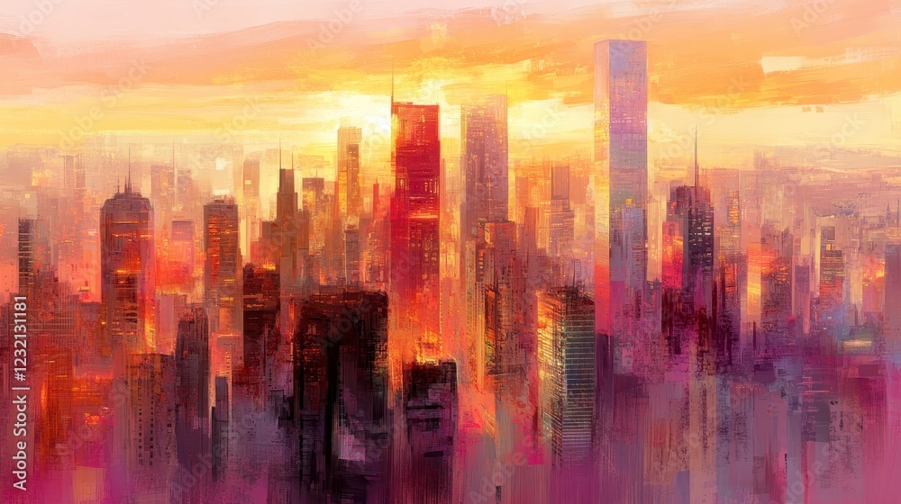Obraz premium Warm toned cityscape painting at sunrise, featuring a variety of skyscrapers in shades of orange, red, and purple. The sky is a hazy blend of yellow
