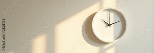 White clock hanging on wall with window sunlight shadow photo