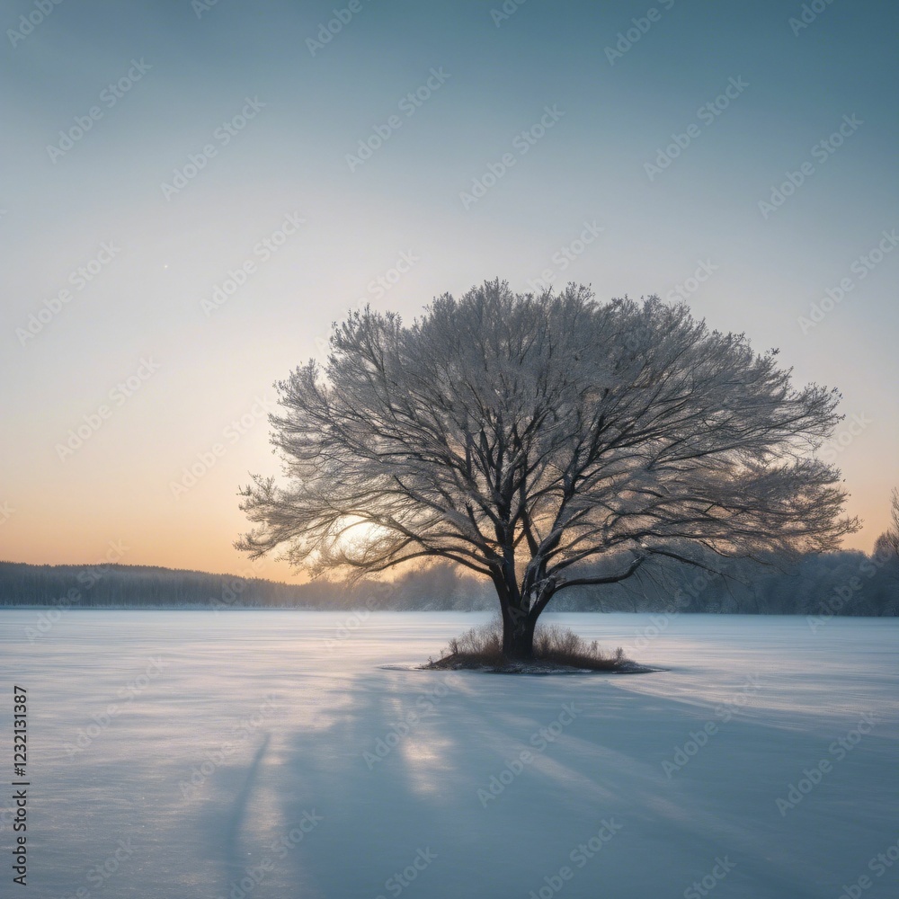 Solitary Tree in Snowy Sunrise Landscape Solitary Tree in Snowy Sunrise Landscape