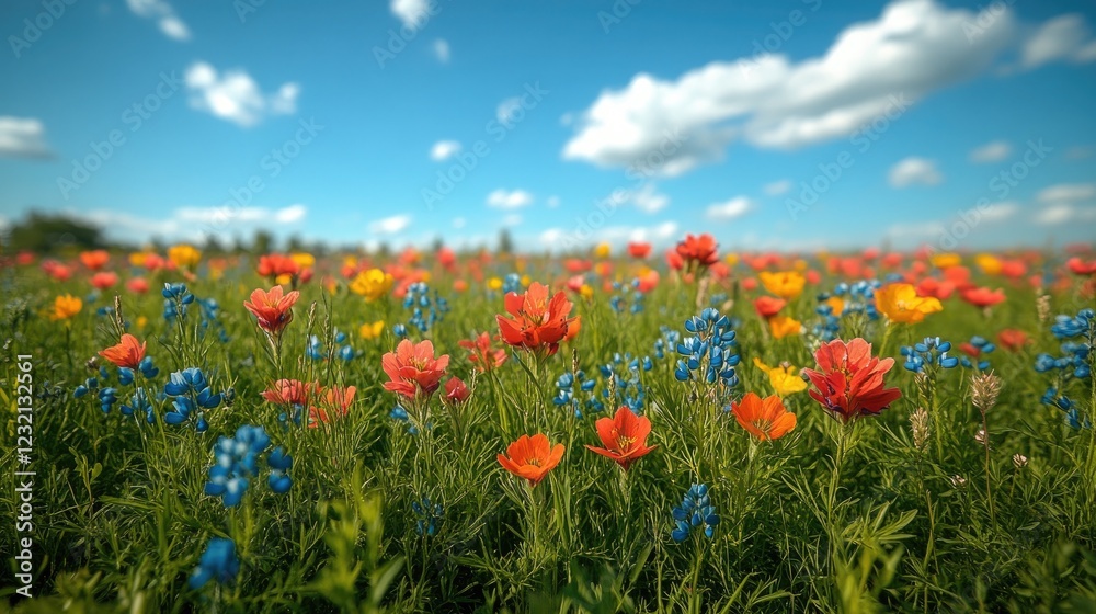 A Colorful Field of Wildflowers Under a Blue Sky with Puffy Clouds on a Sunny Day A Colorful Field of Wildflowers Under a Blue Sky with Puffy Clouds on a Sunny Day