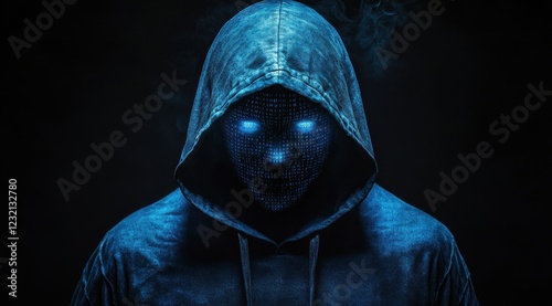 A man is wearing a blue hoodie with a face on it