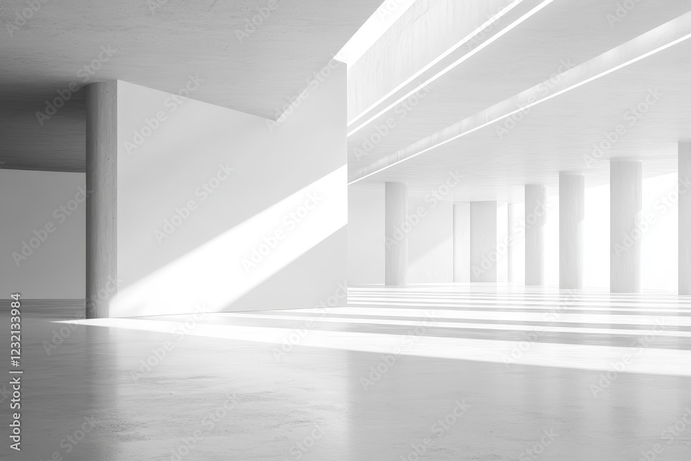 Obraz premium Sunlit minimalist white architecture interior with columns and high ceilings.