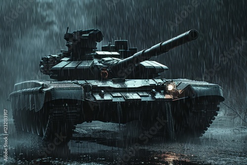Big modern battle tank in the rainy conflict zone. Neural network ai generated