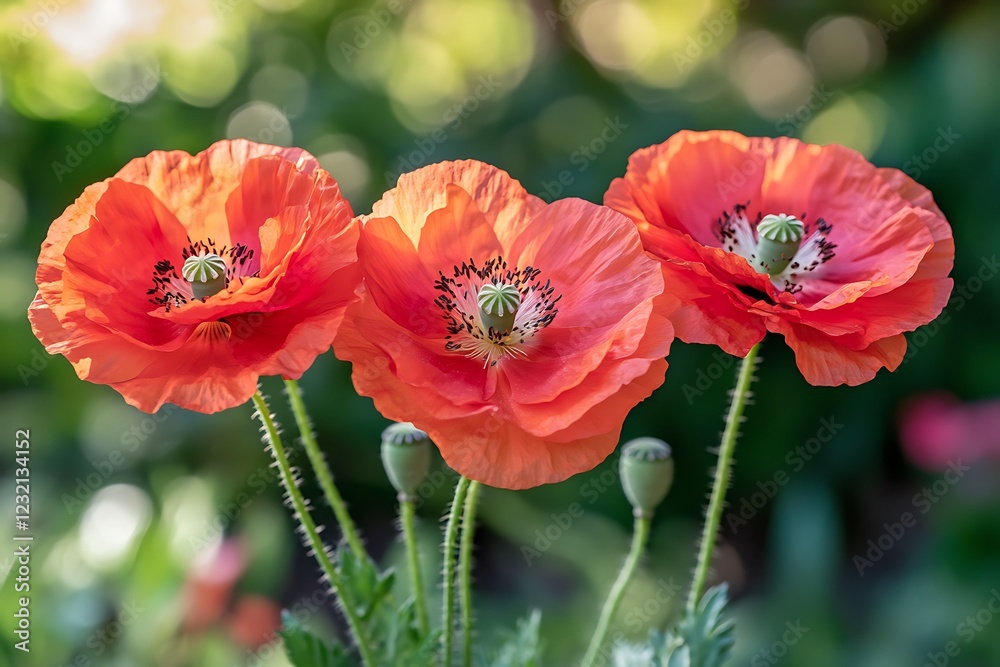 Close-up of three vibrant orange poppies in a garden setting. Close-up of three vibrant orange poppies in a garden setting.