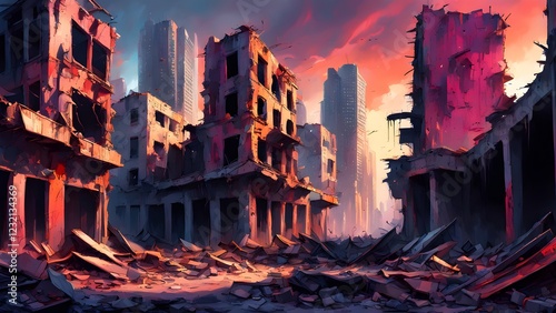Post-apocalyptic cityscape at sunset, showing ruined buildings and debris amidst towering skyscrapers.