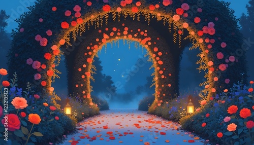 Fototapeta Naklejka Na Ścianę i Meble -  A romantic night garden path with rose archways