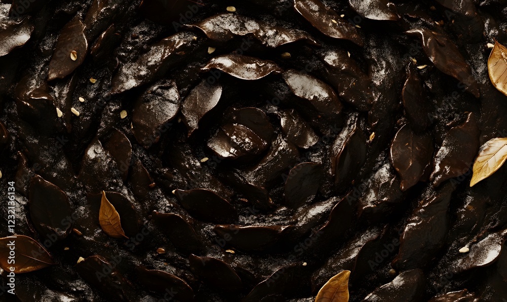 Fototapeta premium Dark chocolate swirl cake autumn leaves, studio shot, food blog