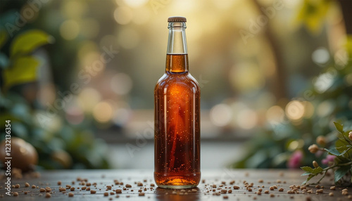 bottle of beer on wooden table, Bottle of beer with the glass esmerilado with drops of water and a steam cloud frozen photo