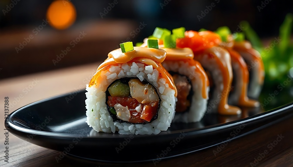 Delicious Spicy Salmon Sushi Rolls Creamy Sauce Garnish Delicious Spicy Salmon Sushi Rolls Creamy Sauce Garnish