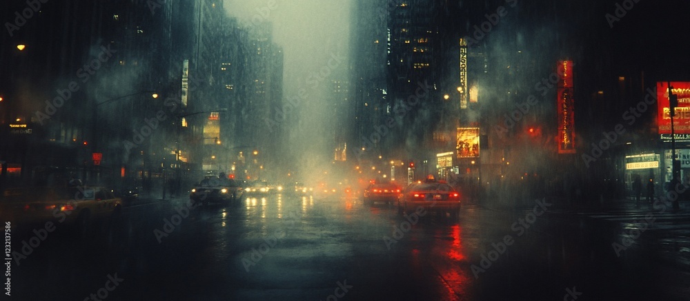 Fototapeta premium Rain-soaked city street at night with illuminated buildings and cars in motion