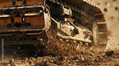 Close-up of a bulldozer's treads crushing through dirt, rugged action