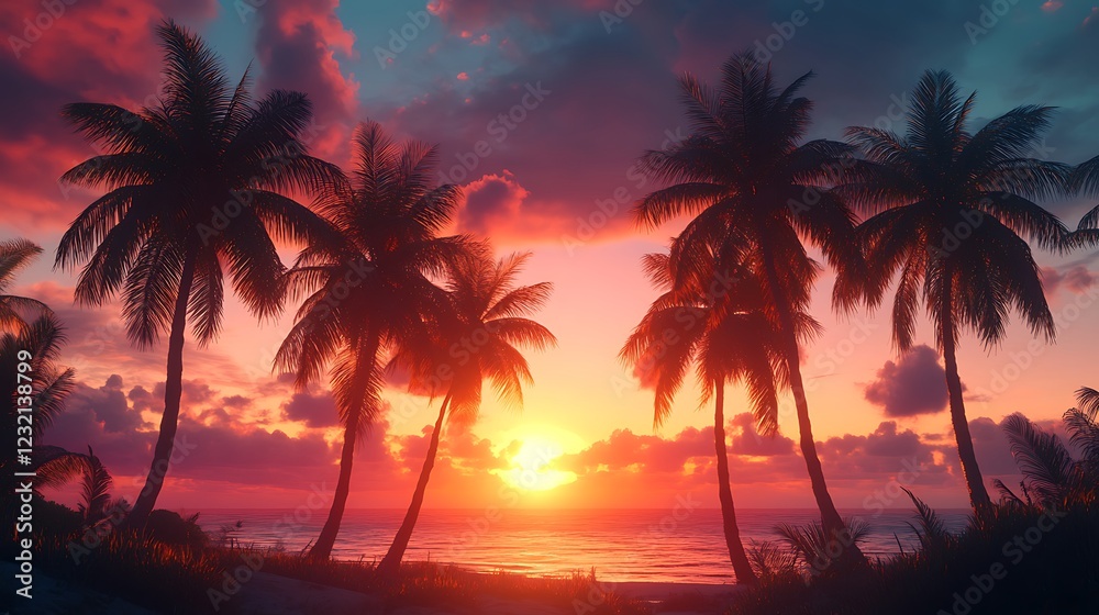 A vibrant sunset over a beach with palm trees, evoking tranquility and natural beauty. A vibrant sunset over a beach with palm trees, evoking tranquility and natural beauty.