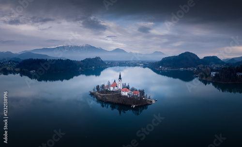 Church on the Bled lake island, aerial photo. Slovenia