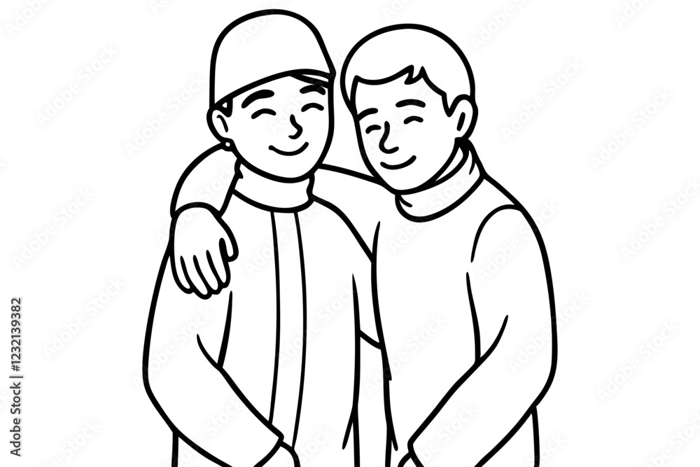 Muslim men hugging and wishing each other. Eid Mubarak hand drawn character illustration Muslim men hugging and wishing each other. Eid Mubarak hand drawn character illustration