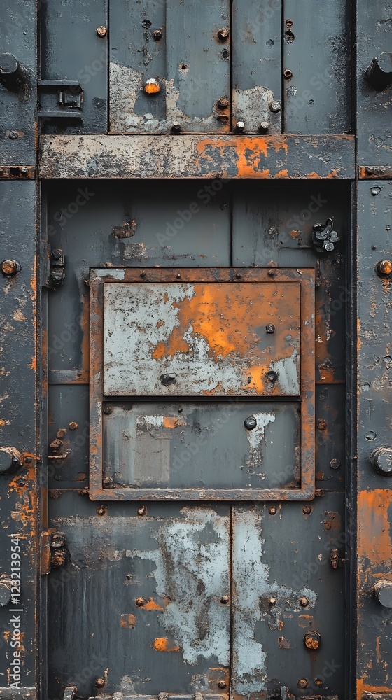 Rusty Metal Door: A close-up of an aged and rusted metal door with a square panel. The textured surface showcases a medley of colors and textures. Rusty Metal Door: A close-up of an aged and rusted metal door with a square panel. The textured surface showcases a medley of colors and textures.