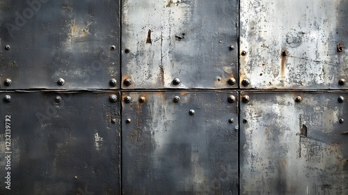 Industrial Metal Texture:  A close-up texture shot of a weathered metal surface with rivets, showcasing the raw beauty of aged metal and the passage of time.