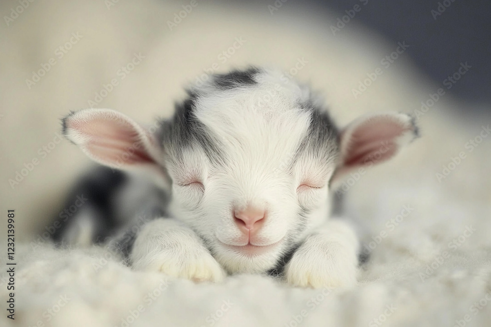 Sleeping goat kid rests on soft blanket in peaceful setting Sleeping goat kid rests on soft blanket in peaceful setting