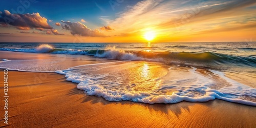 Artistic waves crashing against a serene sea shore at sunset with warm golden light and soft sand background, water, beautiful