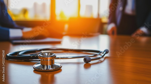 Fototapeta Naklejka Na Ścianę i Meble -  Professional Healthcare Meeting Stethoscope on Table, Stethoscope resting on table signifies professional healthcare discussion amidst beautiful sunset glow