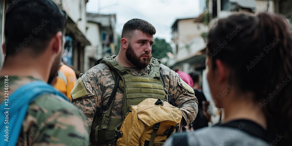 Fototapeta premium Soldier in Camouflage Uniform with Backpack in Urban Setting