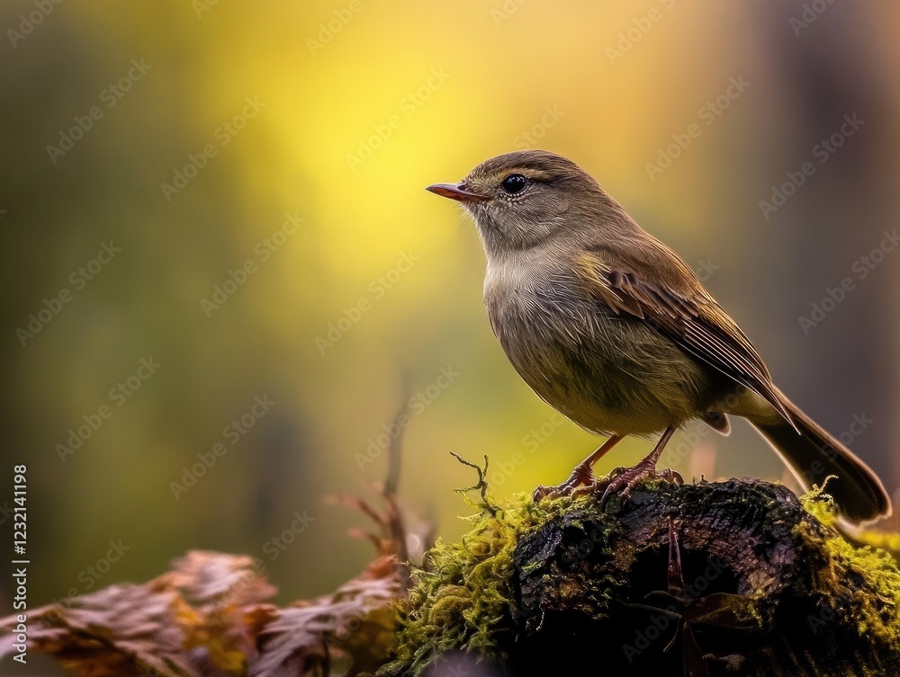 Obraz premium Small brown bird perched on a mossy log with a blurred background of yellow