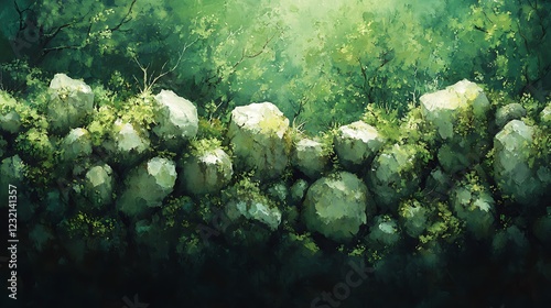 Smooth stone textures with mossy green accents.