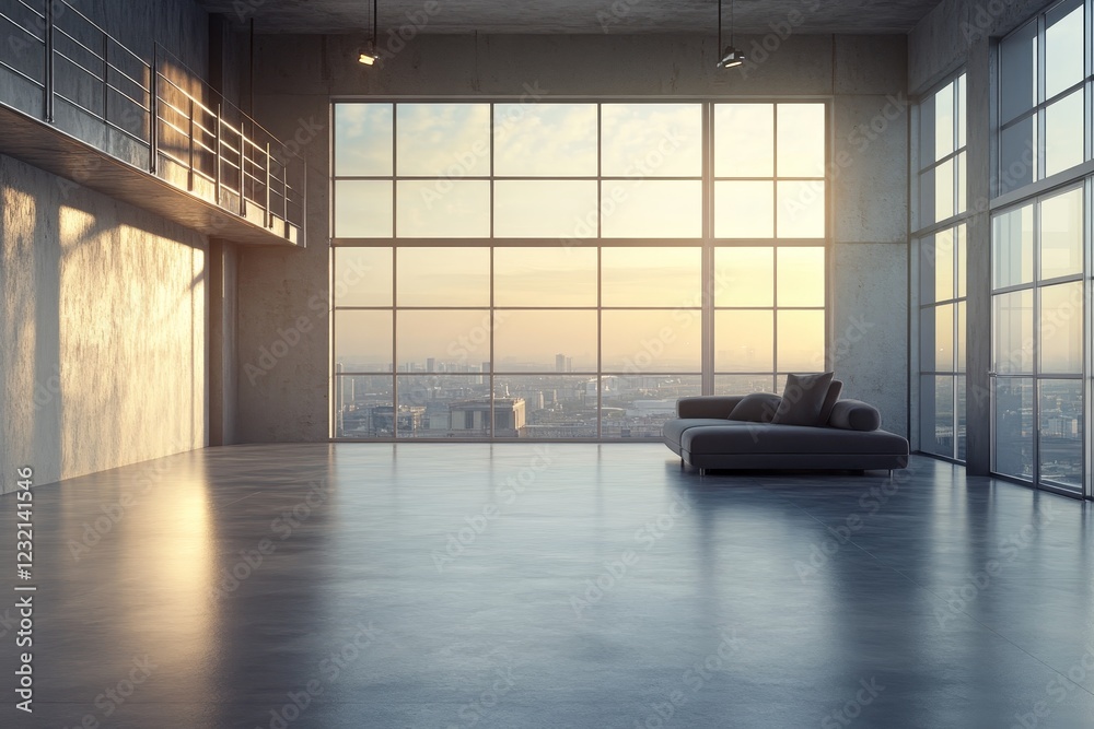 Fototapeta premium Sunlit loft apartment with cityscape view, featuring a modern couch and polished concrete floor.