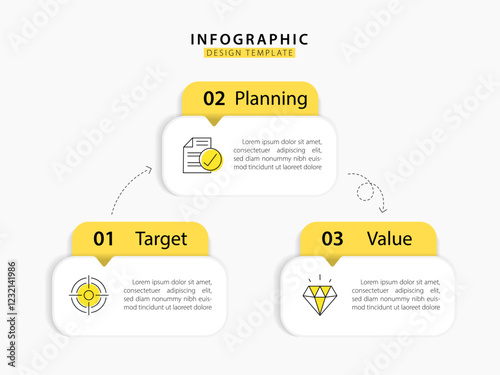 Business infographic template. 3 Step timeline journey. Process diagram, 3 options on white background, social media post, Infograph elements vector illustration.