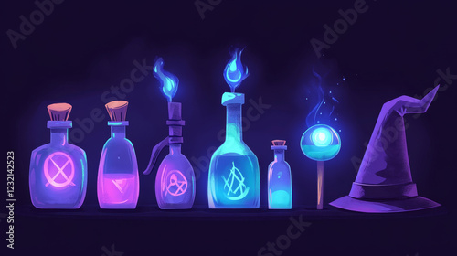 Witch accessories set isolated on dark background. Cartoon vector illustration of magic green potion in bottle, flying broomstick, wizard hat and enchanted mirror. Collection of fantasy game props
