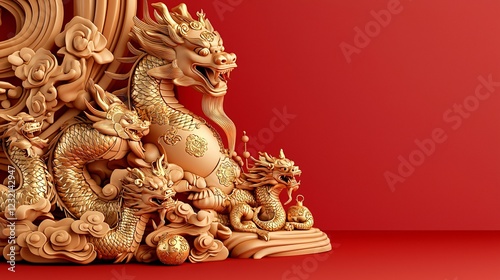 Majestic golden dragon sculpture display traditional chinese art indoor exhibition cultural environment artistic viewpoint symbolizing power and prosperity photo