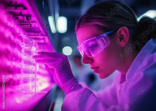 Technician inspecting bioprinted cells in lab environment photo