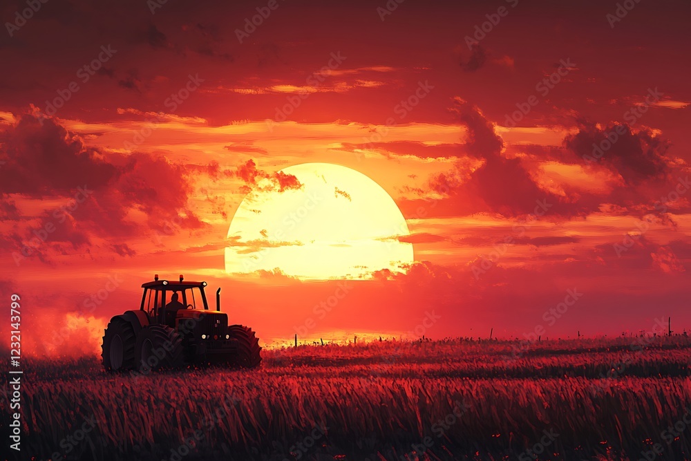 Fototapeta premium Dramatic Sunset Over a Field with Tractor