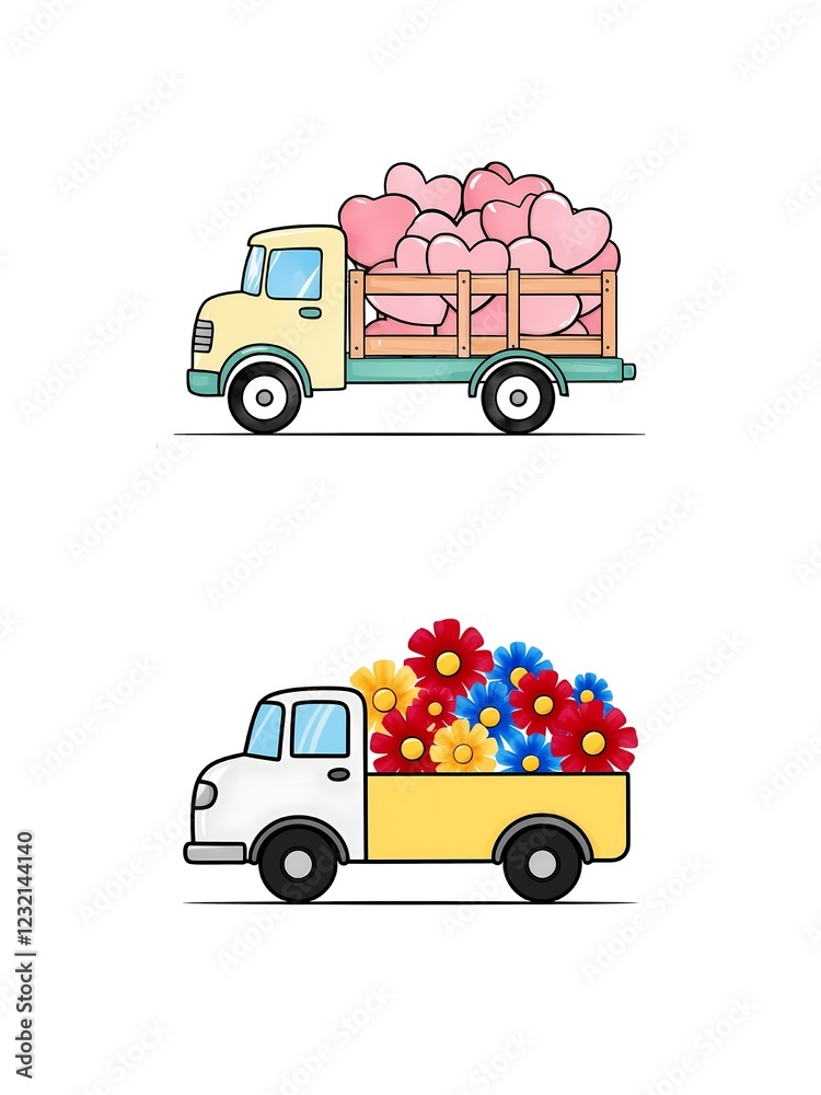 Fototapeta premium Two trucks, one carrying pink hearts and the other filled with colorful flowers, represent love and nature. The pastel tones and bright hues create a cheerful and charming visual.