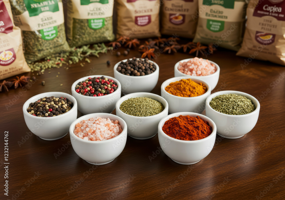 Variety of Spices and Seasonings in Cups, Arranged on a Rustic Table with Vibrant Spice Accents Variety of Spices and Seasonings in Cups, Arranged on a Rustic Table with Vibrant Spice Accents