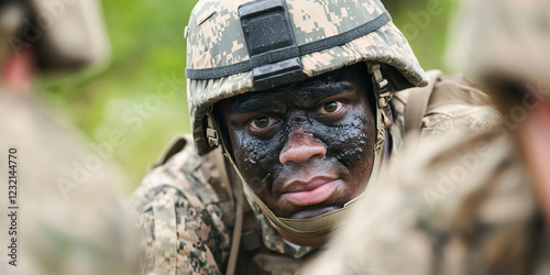 Close-up Portrait of a Camouflaged Soldier photo